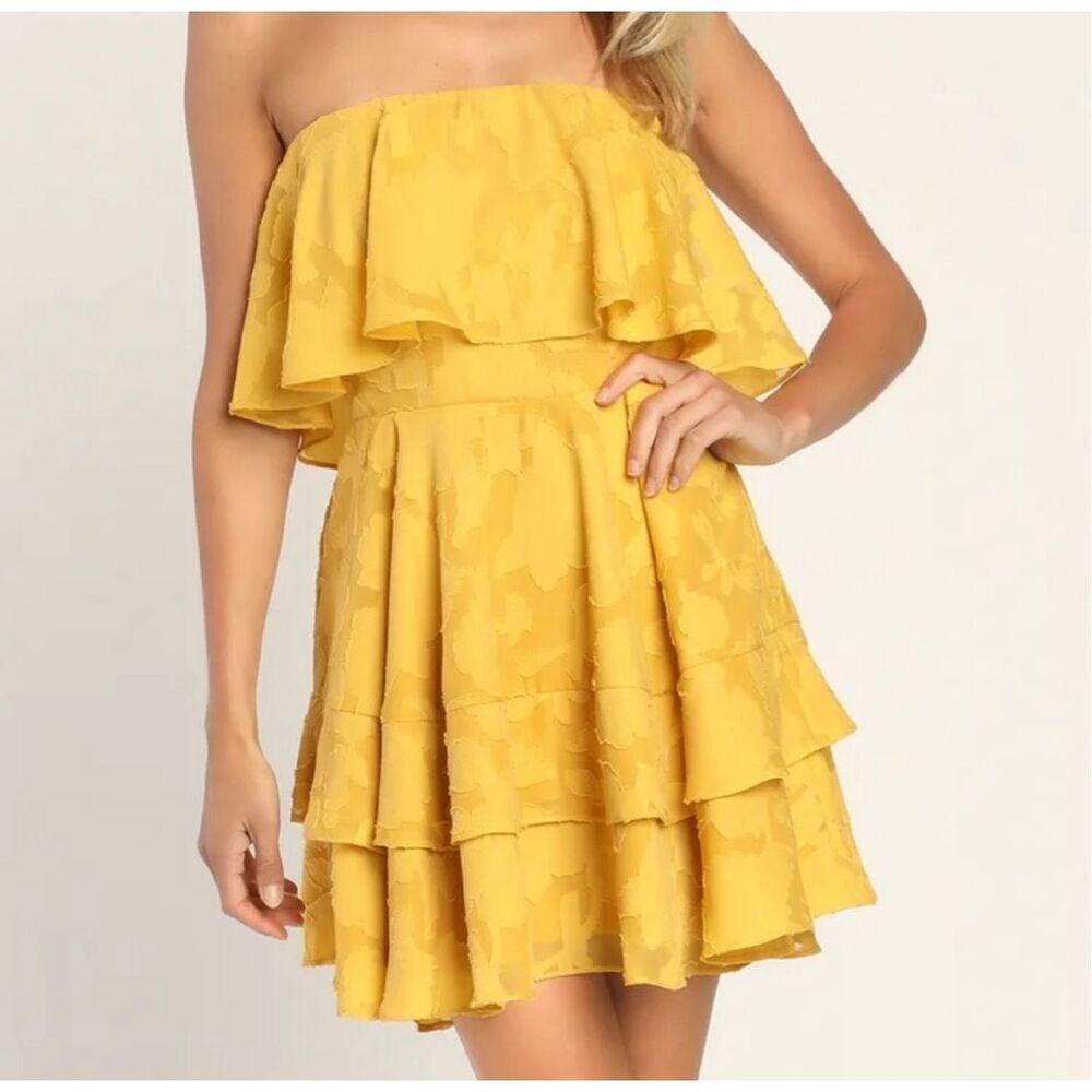 Lulu’s True Lover Mustard Yellow Burnout Floral Strapless Mini Dress - Picture 2 of 12